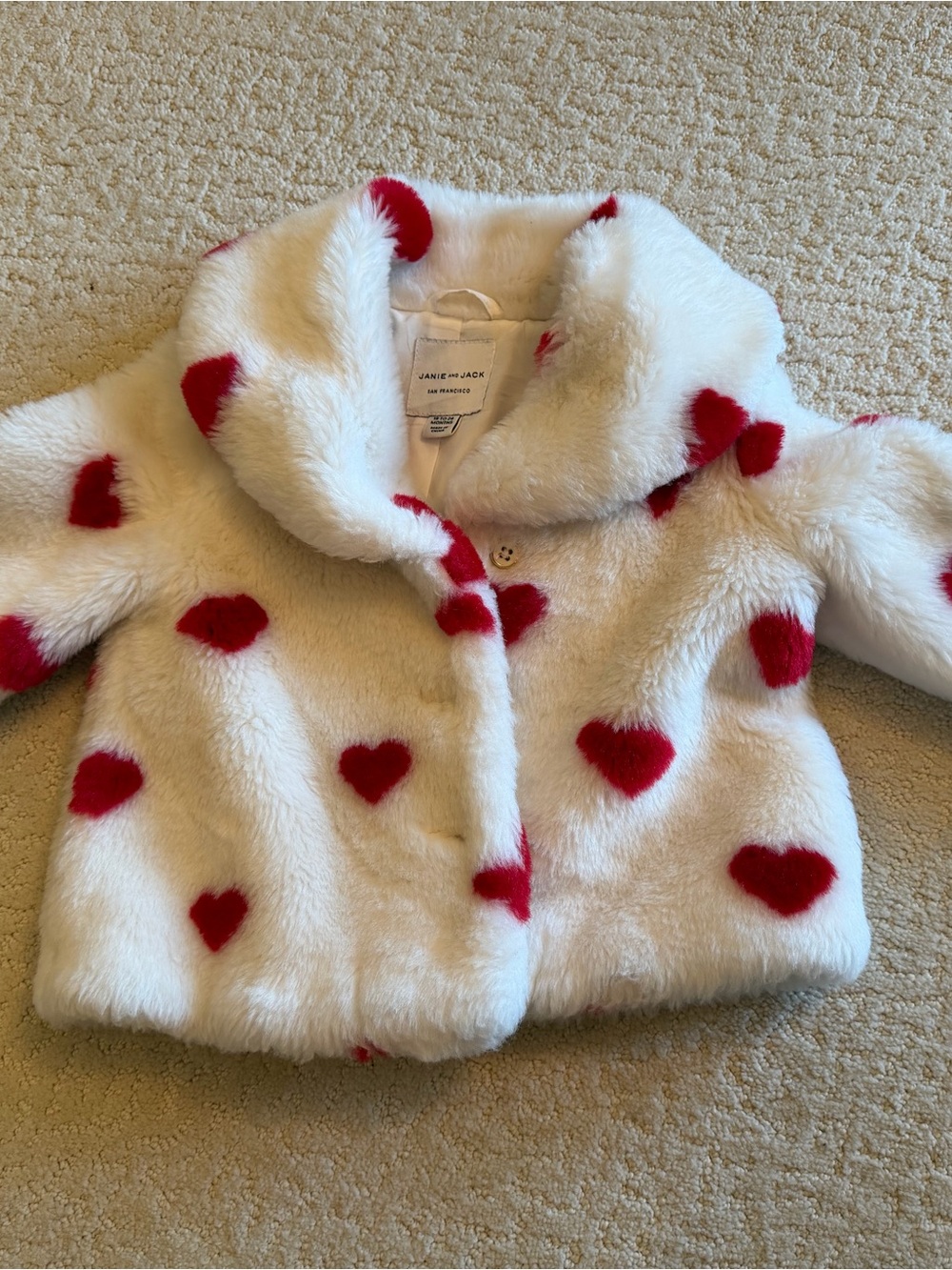 Infant Girls Janie and Jack White Faux-Fur Jacket with Red Heart Print